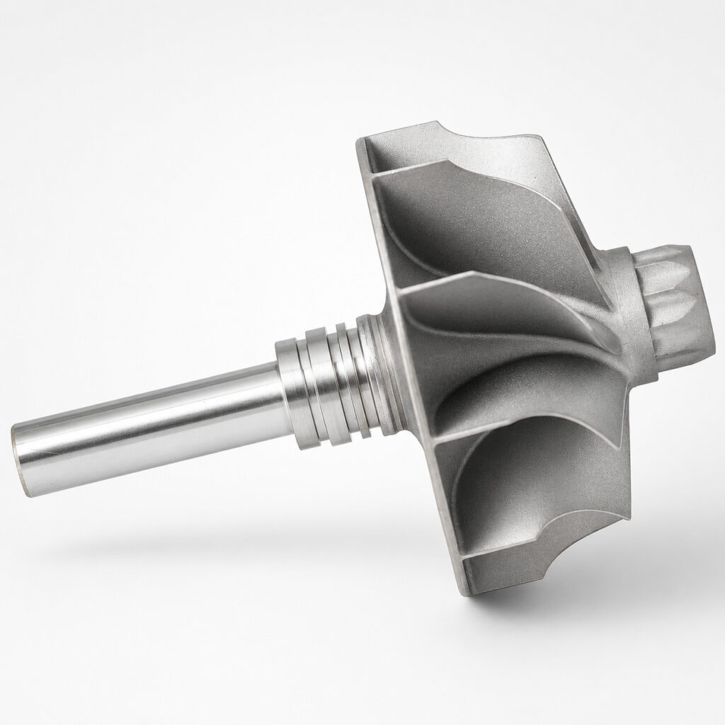 Inconel, MAR and carbon-steel turbocharger shaft wheel assembly.