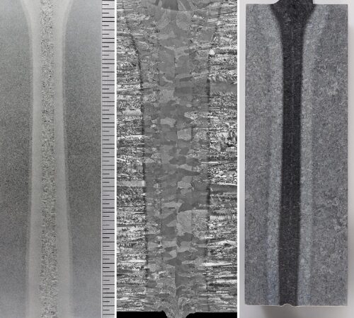 Full penetration single pass Ebflow welds in 80mm thick carbon steel (left), 40mm thick titanium (middle), and 75mm thick stainless steel (right).