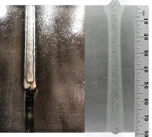 Traditional submerged arc weld (left) next to a single next to a single pass Ebflow weld (right) in 80mm thick carbon steel.