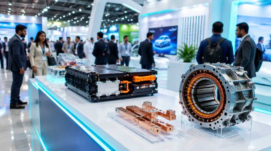 EV battery module, copper busbars and an electric motor stator displayed at an e-mobility exhibition.