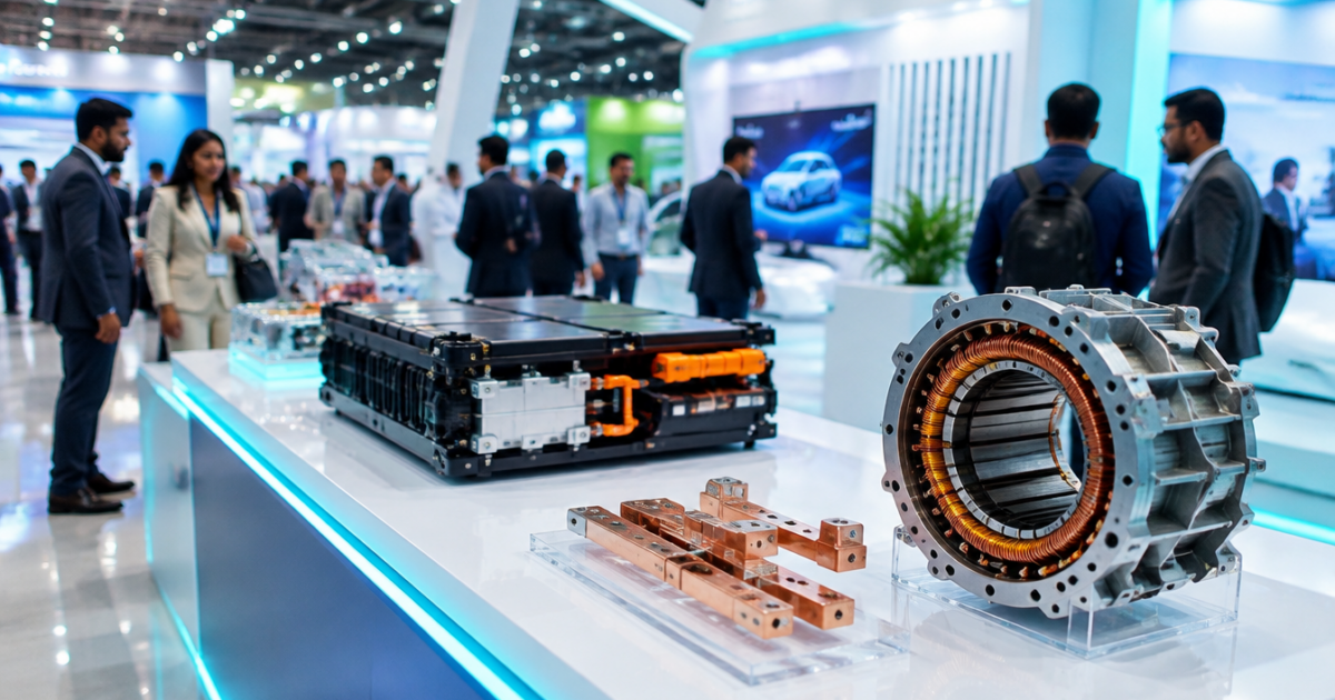EV battery module, copper busbars and an electric motor stator displayed at an e-mobility exhibition.
