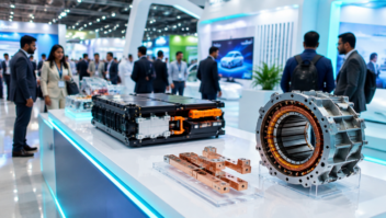 EV battery module, copper busbars and an electric motor stator displayed at an e-mobility exhibition.