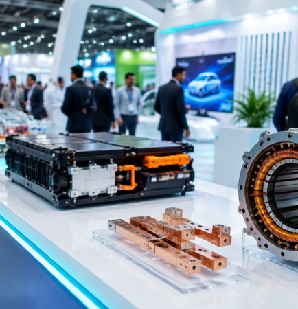 EV battery module, copper busbars and an electric motor stator displayed at an e-mobility exhibition.