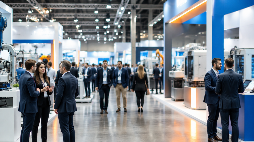Visitors walking the aisles of a busy industrial trade exhibition hall lined with machinery stands.