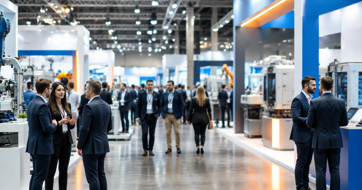 Visitors walking the aisles of a busy industrial trade exhibition hall lined with machinery stands.