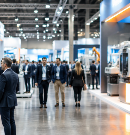 Visitors walking the aisles of a busy industrial trade exhibition hall lined with machinery stands.