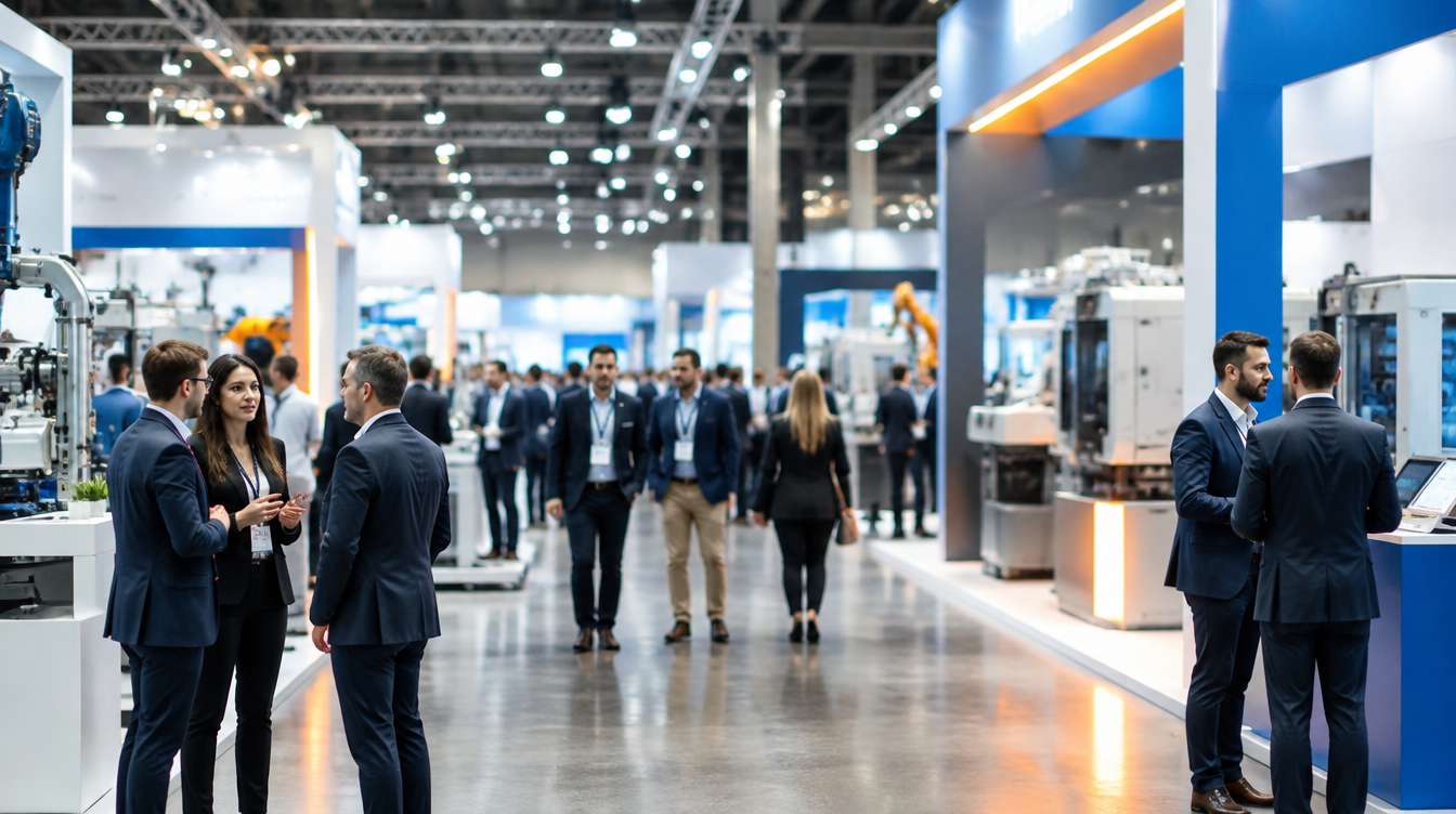 Visitors walking the aisles of a busy industrial trade exhibition hall lined with machinery stands.