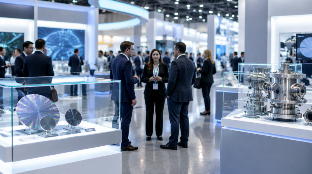 Visitors at a semiconductor industry trade exhibition, with silicon wafers and vacuum chamber components on display.