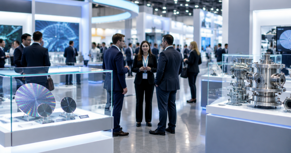 Visitors at a semiconductor industry trade exhibition, with silicon wafers and vacuum chamber components on display.