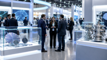 Visitors at a semiconductor industry trade exhibition, with silicon wafers and vacuum chamber components on display.