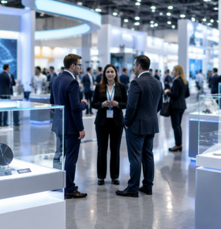 Visitors at a semiconductor industry trade exhibition, with silicon wafers and vacuum chamber components on display.